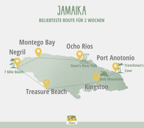 Jamaika: 2 Wochen Reiseroute auf der Karte