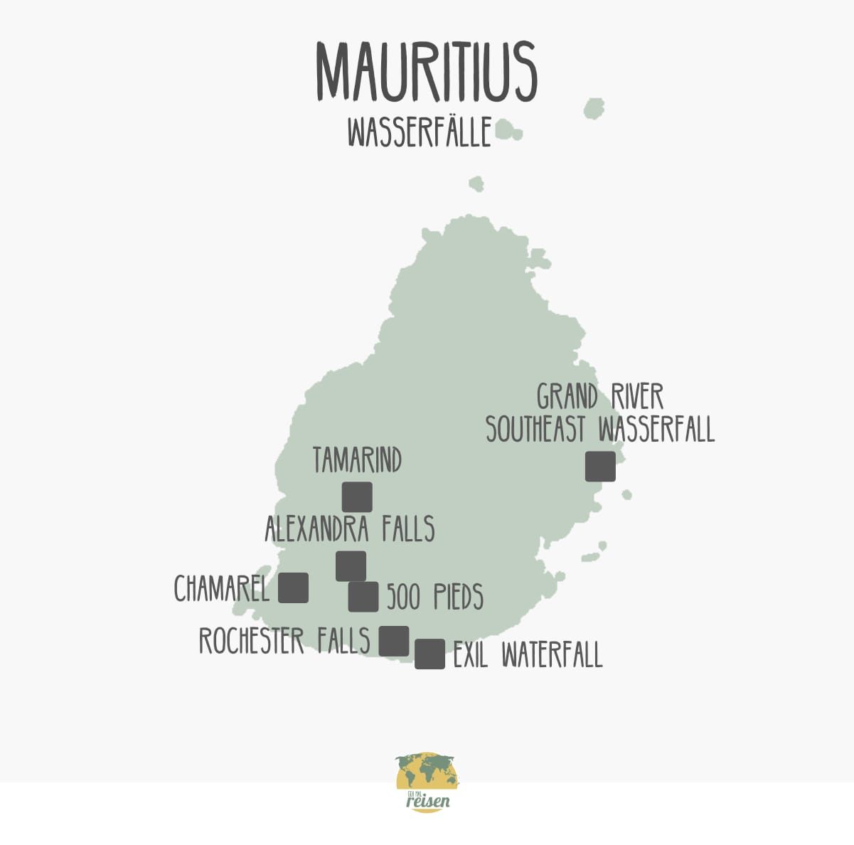 Mauritius Wasserfälle auf einer Karte
