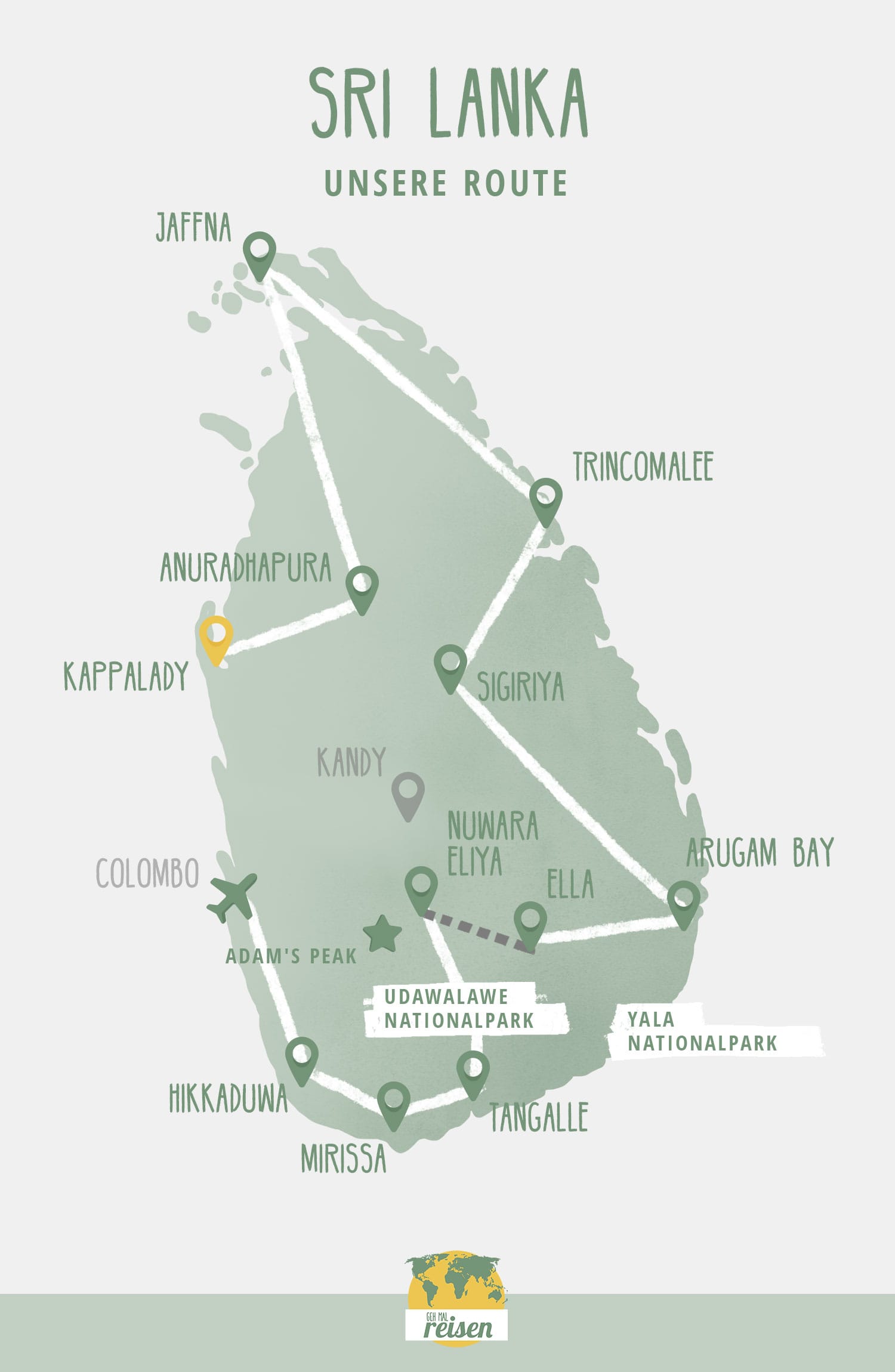Sri Lanka Reiseroute auf der Karte